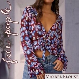 NWT FREE PEOPLE Maybel Tie Front Long Bell Sleeve Semi-Sheer Ruffle Blouse/Md